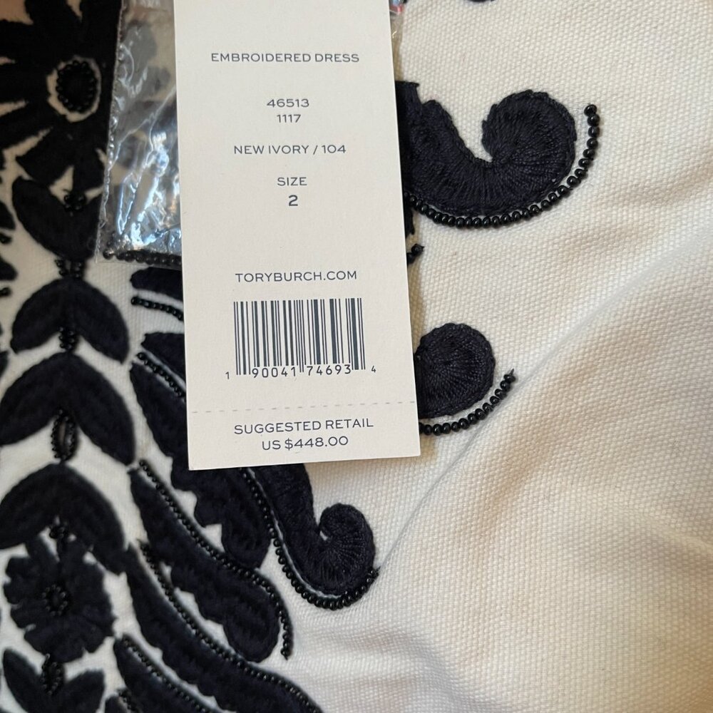 NWT Tory Burch Black & White Camille Embroidered Linen Shift Dress Size 2 - Picture 8 of 8